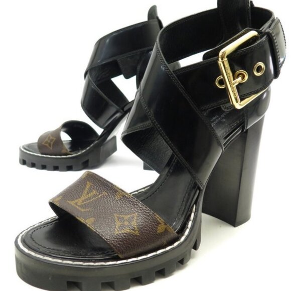 Louis Vuitton Black & Monogram Canvas Heels Star Trail Sandals Size 36 - Picture 2 of 10